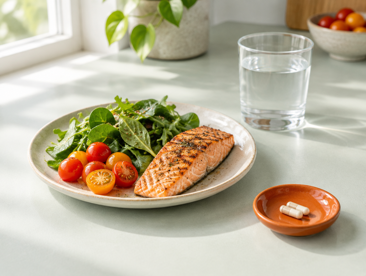 A small lunch of salmon and greens beside a glass of water and two capsules